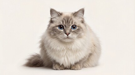 Fototapeta premium Fluffy Ragdoll Cat with Blue Eyes on White Background