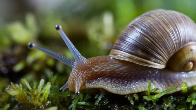 Highresolution Image Capturing Brown Shell Snail Exploring Damp Moss With Dewdrops And Green Hues