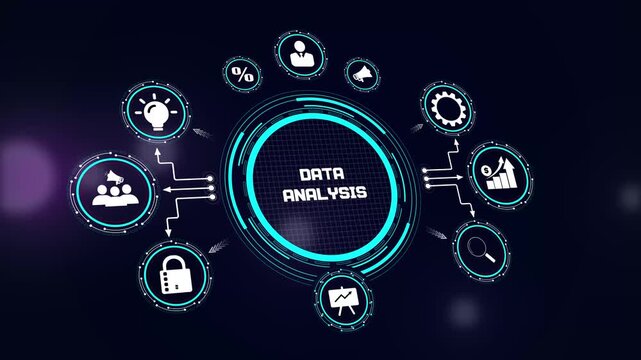 Modern data analysis hud animation showing statistical chart icons for corporate performance tracking and success monitoring