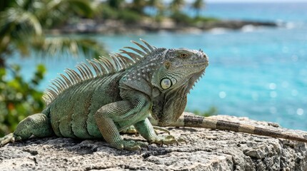 Fototapeta premium Green iguana on rock by tropical ocean, exotic reptile basking
