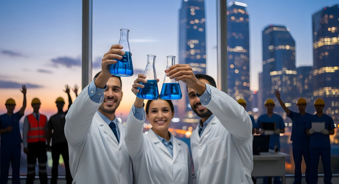 Three scientists in lab coats celebrating with beakers of blue liquid in a modern laboratory with a city skyline at sunset