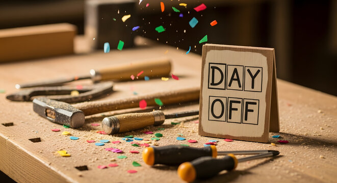 A carpenter's workspace with tools and confetti celebrating a day off