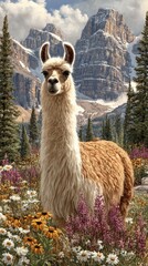 Fototapeta premium In a lush meadow filled with vibrant wildflowers, an alpaca grazes calmly as mountains loom in the distance
