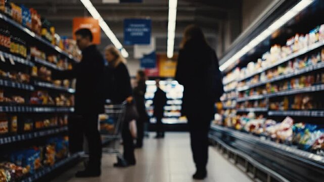 Shoppers selecting products from grocery store shelves, various items displayed prominently in a well-lit supermarket aisle. For inflation, financial crisis and cost of living content