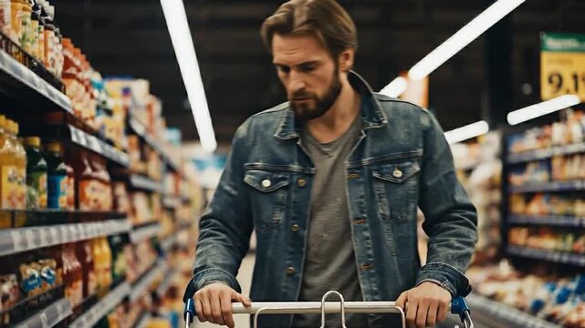 Man with beard pushes shopping cart through grocery store aisle, examining shelves filled with various food products and beverages. For inflation, financial crisis and cost of living content