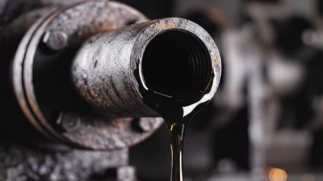 Close-up of oil dripping from rusty pipe in industrial setting. Concept of rising oil prices, energy market volatility, fuel cost increase, inflation