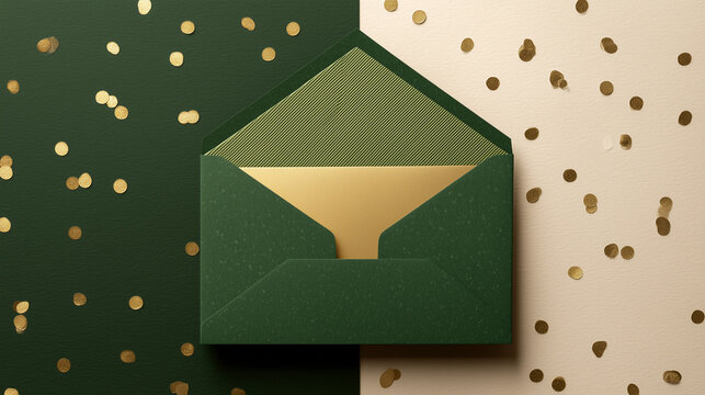 Elegant green envelope with gold insert and scattered confetti, suggesting celebration or invitation