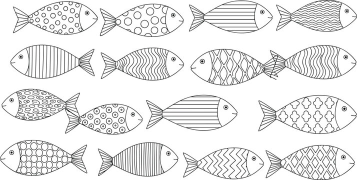 Decorative fish patterns set with geometric textures marine animals line art vector illustration collection