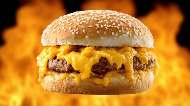 Cheeseburger sizzles against dramatic fiery backdrop