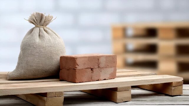 Burlap sack and bricks on wooden pallet in warehouse setting with blurred background