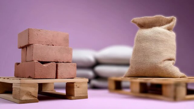 Balanced arrangement of bricks and burlap sacks on wooden pallets against purple background