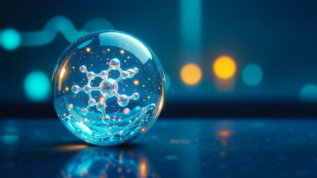 Glowing water molecule model inside a glass sphere. Futuristic science and chemistry concept with luminous particles on a dark blue background