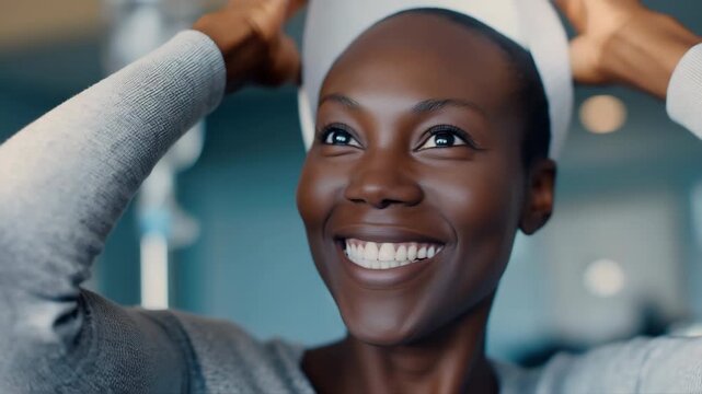 Joyful woman embracing resilience and optimism with uplifting smile and graceful movement