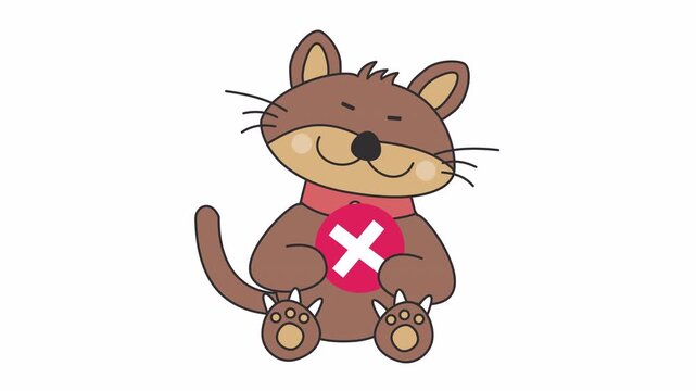 Cute cartoon cat holding a red X mark icon in an alpha channel. Error mascot brown kitten with disapproval symbol. Friendly cat character giving an incorrect answer sign. Educational mascot kitty.