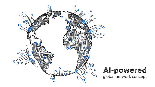 AI Powered Global Network Illustration &ndash; Digital Earth with Circuit Lines, Artificial Intelligence Connectivity and Data Technology Concept