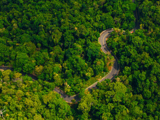 Fototapeta premium Aerial view of curved paved road through forest canopy, travel trip on car in Thailand concept