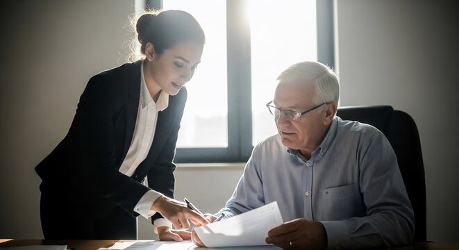 Businesswoman helping senior man with documents.