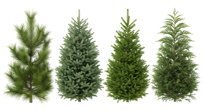 Four different types of Christmas trees on transparent background
