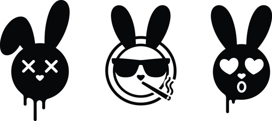Urban bunny graffiti character set with cool sunglasses heart eyes and dripping face street art style vector illustration collection © Md