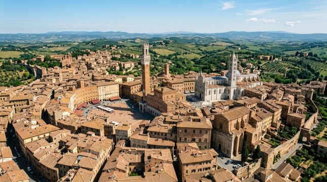 Aerial view of San Gimignano, medieval town in Tuscany, Italy, with rolling hills and blue sky