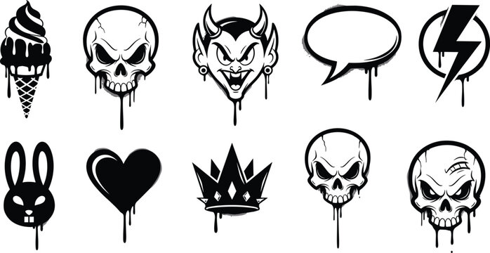 Urban streetwear melting icons set featuring black and white dripping skulls ice cream cone devil heart and crown silhouettes for edgy graphic design