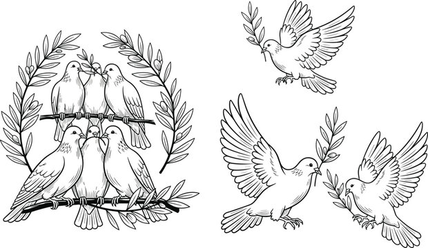 Vintage hand drawn birds illustration set with doves branches and flying sparrows isolated on white background decorative nature artwork