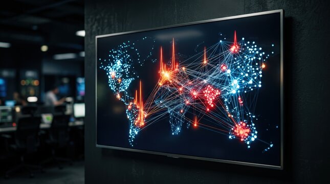 Medium shot of a sleek AIdriven fraud detection wall in dark theme featuring sharp anomaly alert visuals and connected network graphs in focus blurred surroundings enhance the main