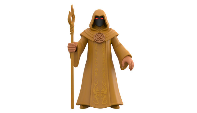Fantasy warrior monk holding a golden staff isolated on transparent background