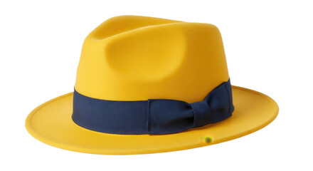 Fototapeta premium Elegant Mustard Yellow Wool Fedora with Navy Ribbon Detail Isolated on Transparent Background