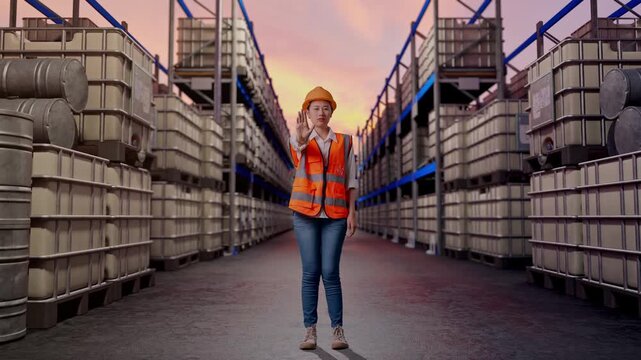 Full Body Of Asian Female Engineer With Safety Helmet Disapproving With No Hand Sign While Standing at Warehouse with Containers and Barrels