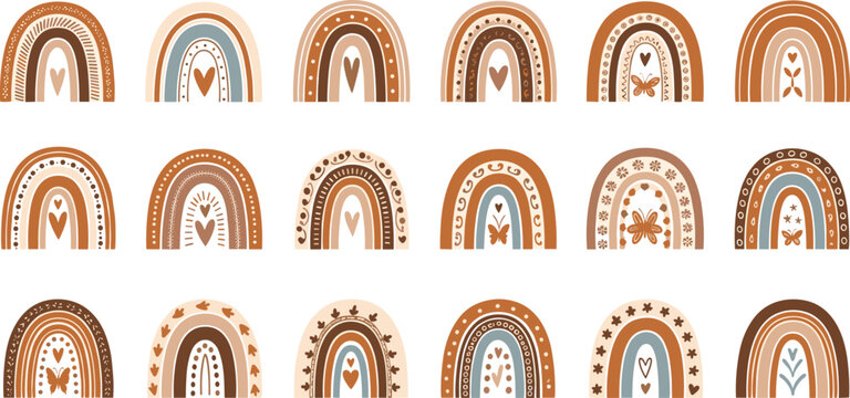 Vector rainbow illustration collection featuring whimsical earthy designs with decorative hearts, stars, butterflies, and floral motifs