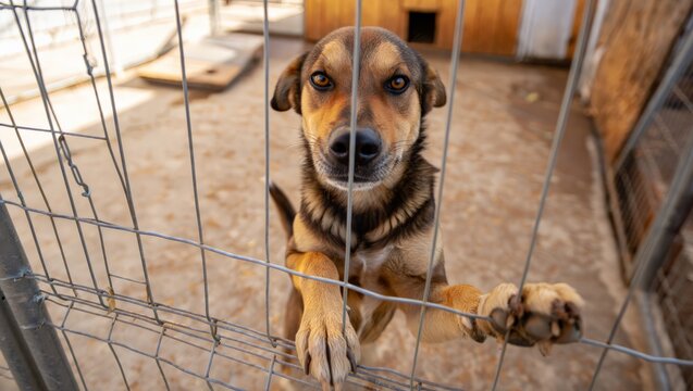 A direct and engaging portrait of a mixed-breed dog looking intently at the camera through a wire fence showcasing its intelligent eyes and the hope for interaction from its enclosure reflecting authe