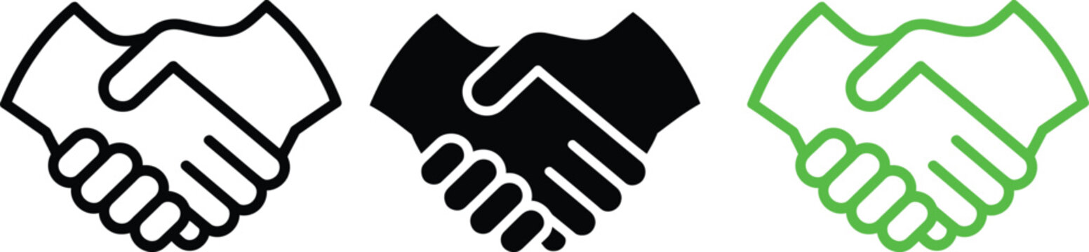 Three distinct handshake icons in varying styles and colors