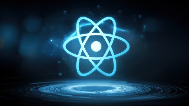 Striking blue atom symbol representing fundamental concepts in science and physics emphasizing atomic structure