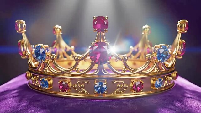 Golden royal crown with shimmering ruby and sapphire jewels resting on a rich purple velvet cushion, illuminated by a dramatic spotlight, presenting majestic power and regal authority video footage.