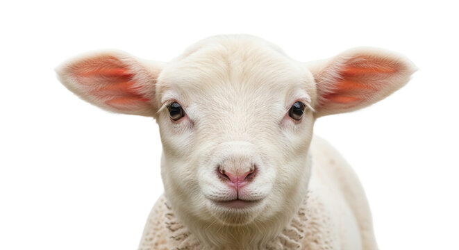 Cute white lamb looking directly at camera isolated on transparent background