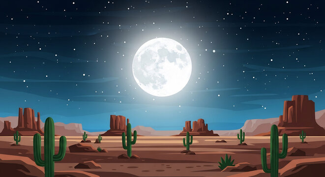 砂漠の夜空に輝く満月と星の美しい風景イラス