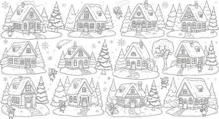 Obraz premium Winter village houses coloring pages set with snowy cottages trees festive holiday cartoon line art vector illustration collection