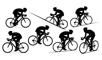 Fototapeta premium Dynamic cyclist silhouettes in motion racing training poses black bicycle riders vector set