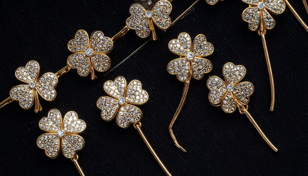 "A set of four pairs of gold-colored earrings designed in the shape of four-leaf clovers, displayed against a deep black background. Each earring features two connected clover shapes, adorned with num