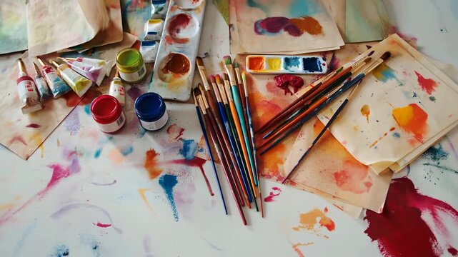 Vivid Art Supplies. Creative Workspace With Paint Tools. Colorful Painting Setup With Splashes And Strokes
