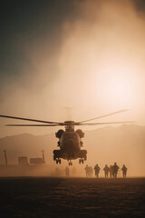Naklejka premium Soldiers walk towards helicopter under sunset in dusty landscape during military operation