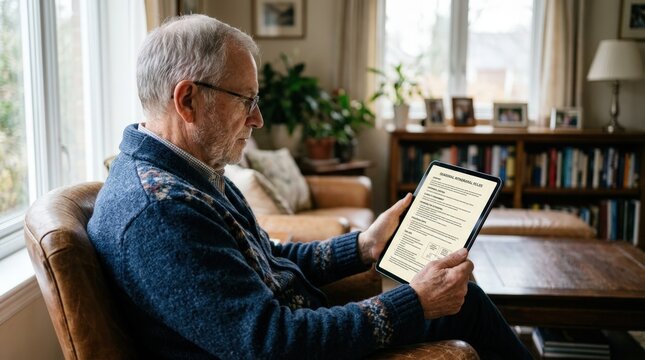 Medium shot of a retiree reviewing guardrail withdrawal rules on a tablet the document sharply detailed against a softly blurred living room setting.
