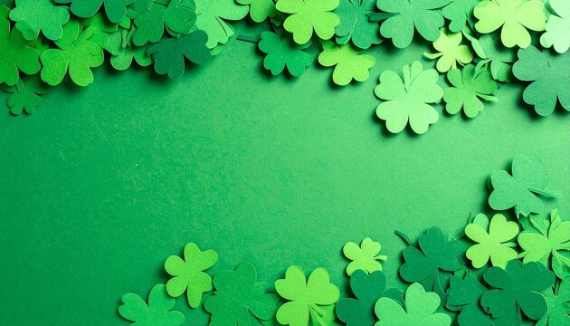"A decorative border of shamrocks in varying shades of green arranged around the edges of a textured green background. The clovers differ in size and tone, creating a festive and vibrant frame. The ce