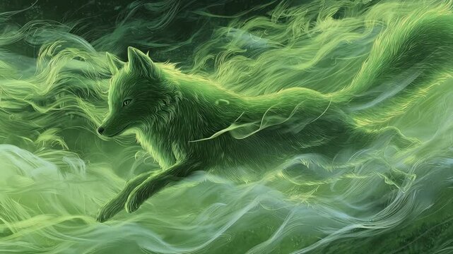 Ethereal Fox Leaping Through Vibrant Green Mist in a Mystical Landscape with Enchanting Atmosphere