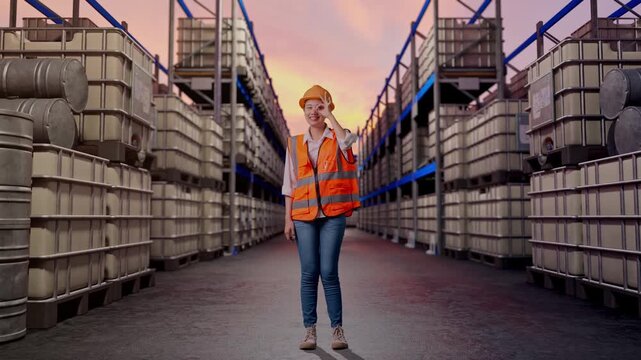 Full Body Of Asian Female Engineer With Safety Helmet Showing Ok Hand Sign Over Eye And Smiling To Camera While Standing at Warehouse with Containers and Barrels