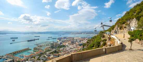 Aerial view of Cable Car and Gibraltar bay and city. Gibraltar