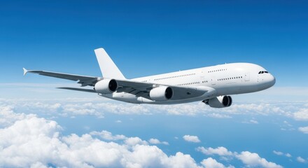 Obraz premium A large white passenger airplane flying through a clear blue sky with fluffy clouds below