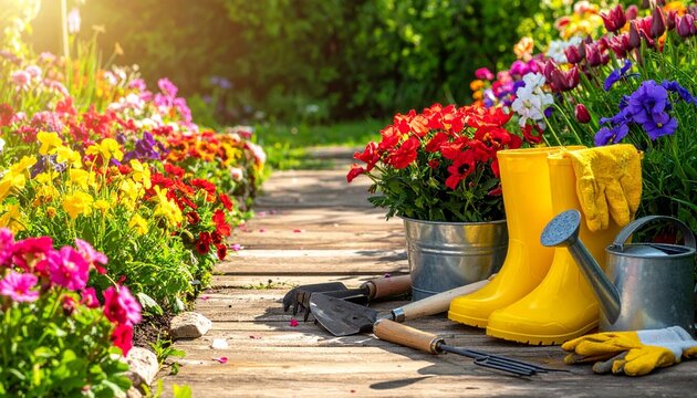 "A lively garden scene illuminated by warm daylight, with a rustic wooden pathway winding through colorful blooming flowers including tulips, marigolds, and petunias in shades of red, pink, purple, ye
