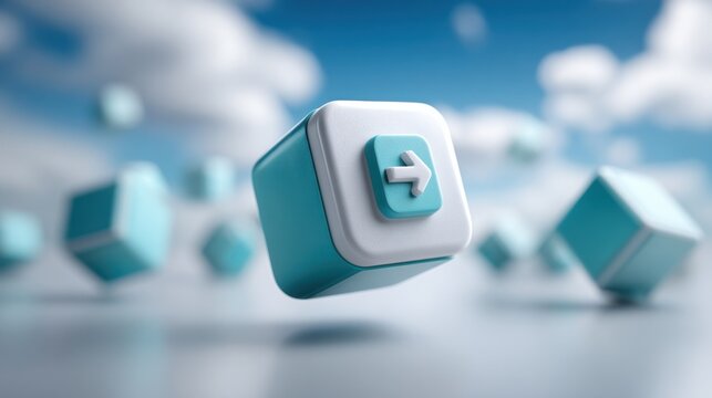 Minimalist white cube with a distinctive blue button design representing modern technology and interactive functionality